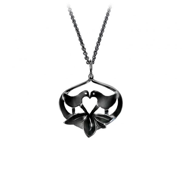 Lovebirds vedhæng sortrhodineret sølv, design Lene Kjølner, symbol for kærlighed, smykker med mening