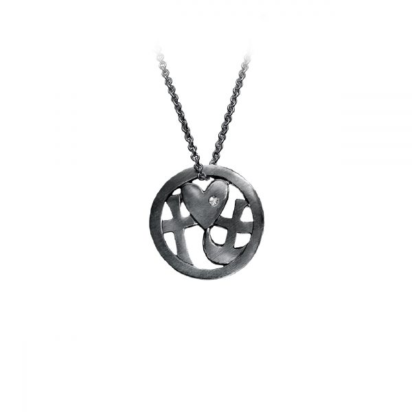 Tro-håb-kærlighed smykke-vedhæng til kæde, sortrhodineret med sten, design Lene Kjølner, smykker med mening